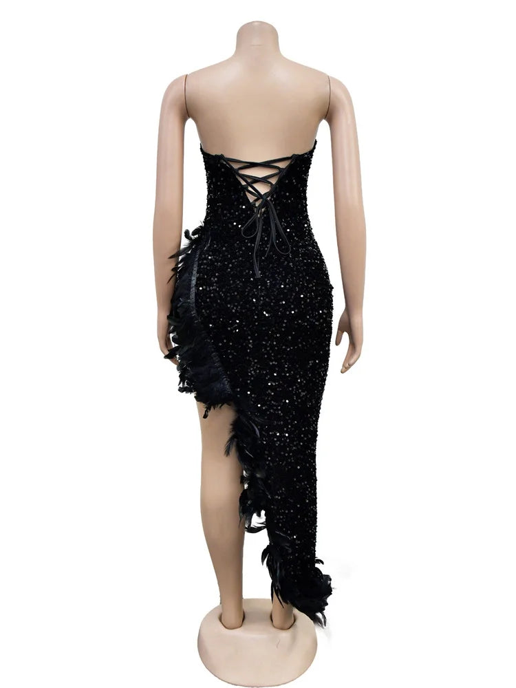 Beberino Feather Spliced Backless Strapless Bodycon Dress for Sensual Nightout