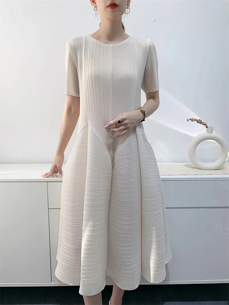 Beberino Pleated Dress: Elegant Slim Mid-Length Summer Dress for Women