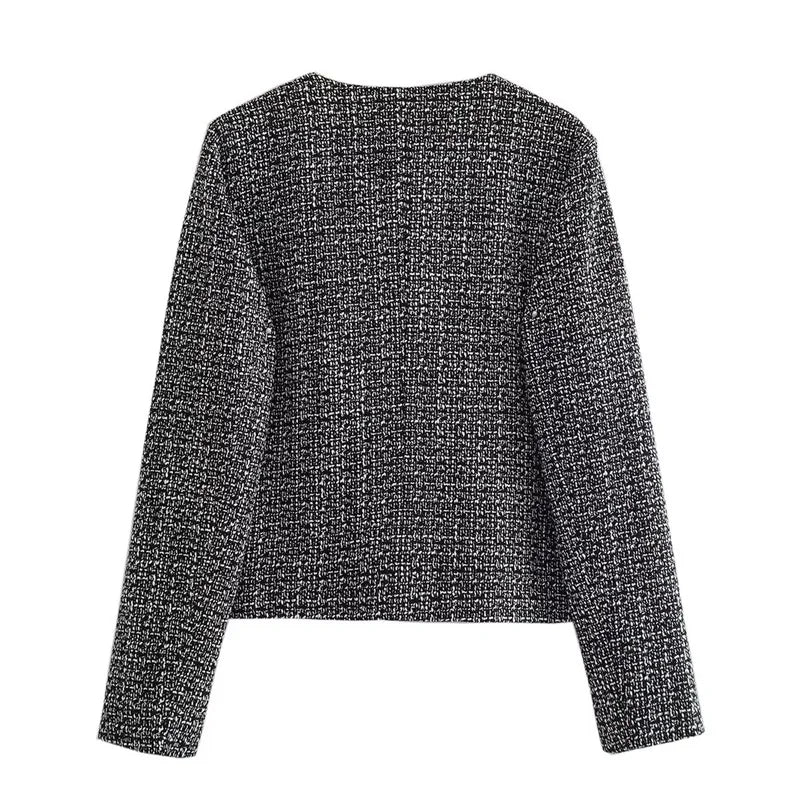 Beberino Tweed Texture Blazer: Elegant O-Neck Single Breasted Crop Top for Women