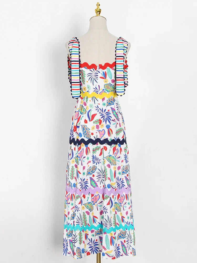 Beberino Vintage Print Square Neck Dress in A-line Mid Calf Length