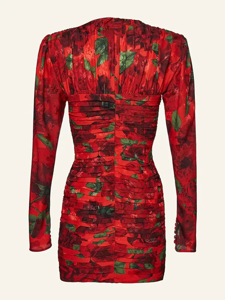 Beberino Floral V-Neck Long Sleeve Folds Dress - Elegant High Waist Fashion Style