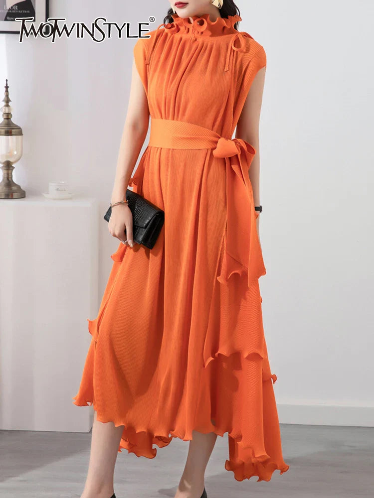 Beberino Ruffled Collar Sleeveless Summer Dress Elegant Mid-Length Solid Folds Women's Fashion