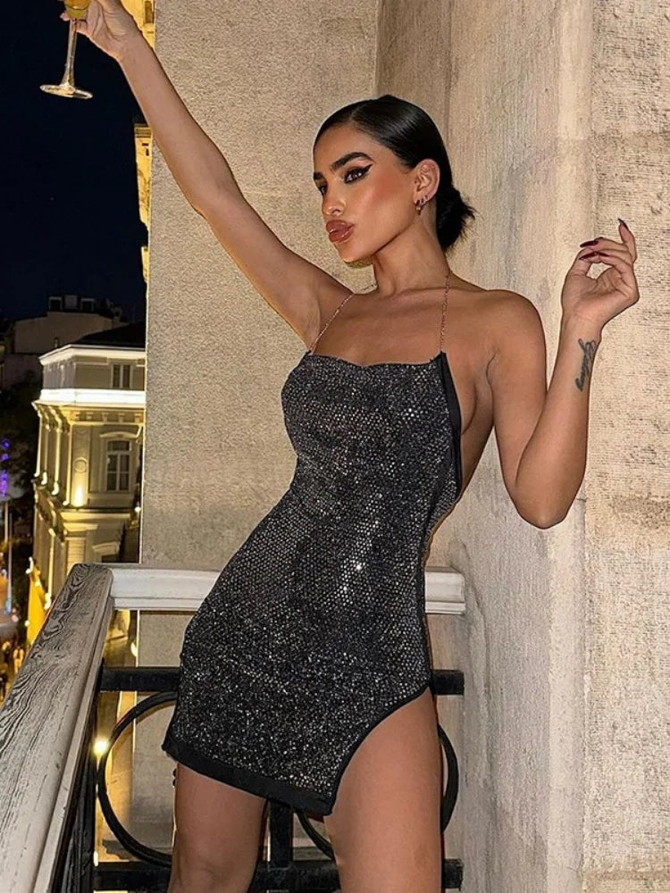 Beberino Sequin Split Mini Dress Sleeveless Y2K Streetwear Backless Robe Femme Été