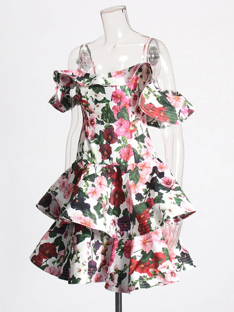 Beberino Floral Mini Dress with Ruffles & High Waist Square Collar - Women's Fashion