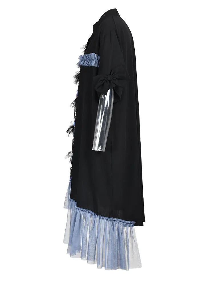 Beberino Black Tassel Flower Midi Shirt Dress, Short Sleeve, Fashion Spring Summer