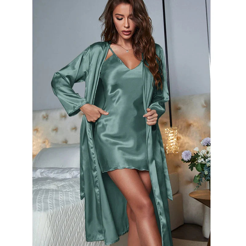 Beberino Women's Silk Nightgown Set with Long Sleeves - Sexy & Elegant Loungewear