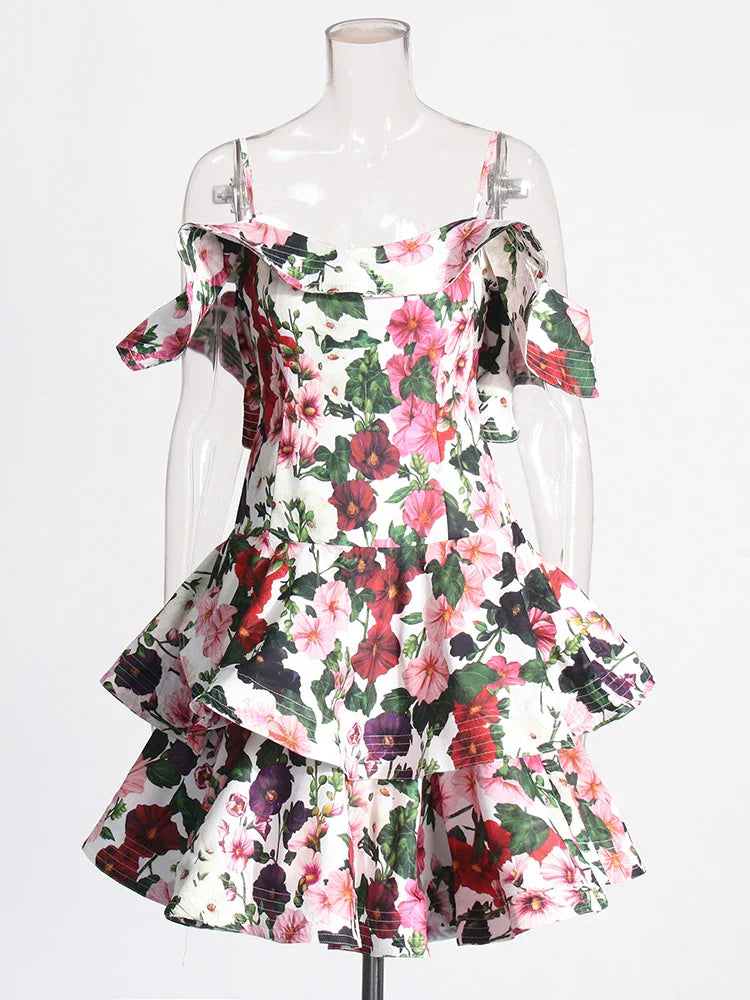 Beberino Floral Mini Dress with Ruffles & High Waist Square Collar - Women's Fashion