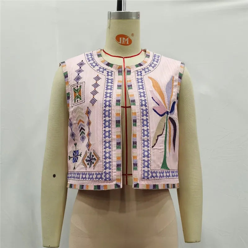 Beberino Diamond Embroidery Striped Geometric Waistcoat for Women Summer Ethnic Wind