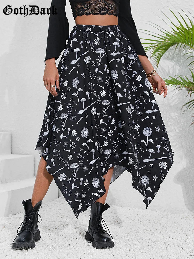 Beberino Goth Dark Handkerchief Hem Printed A-line Skirt High Waist Streetwear