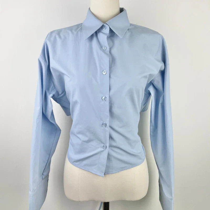 Beberino Blue Bandage Crop Shirt: Y2K Lace-Up Collared Top