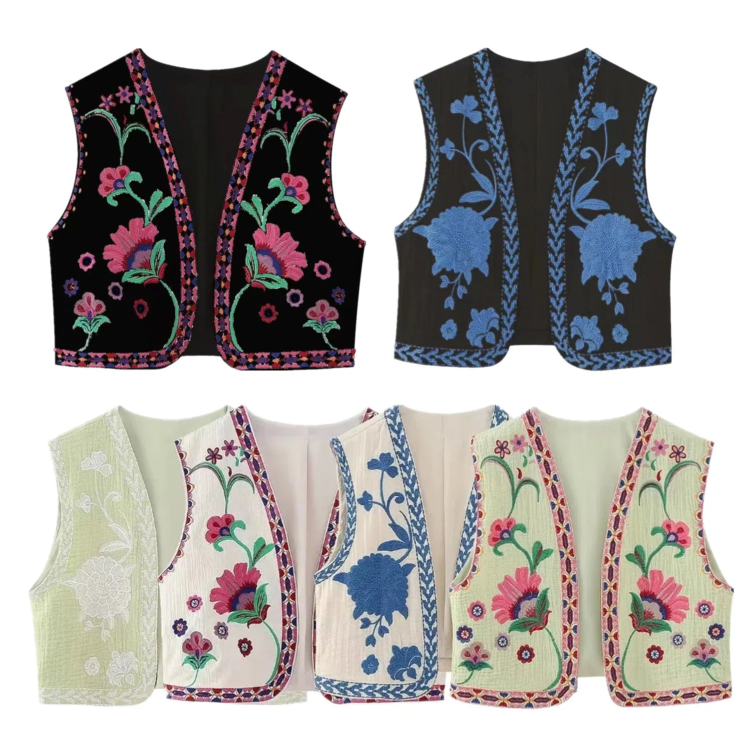 Beberino Women's Ethnic Floral Embroidery Vest and Short Top Set