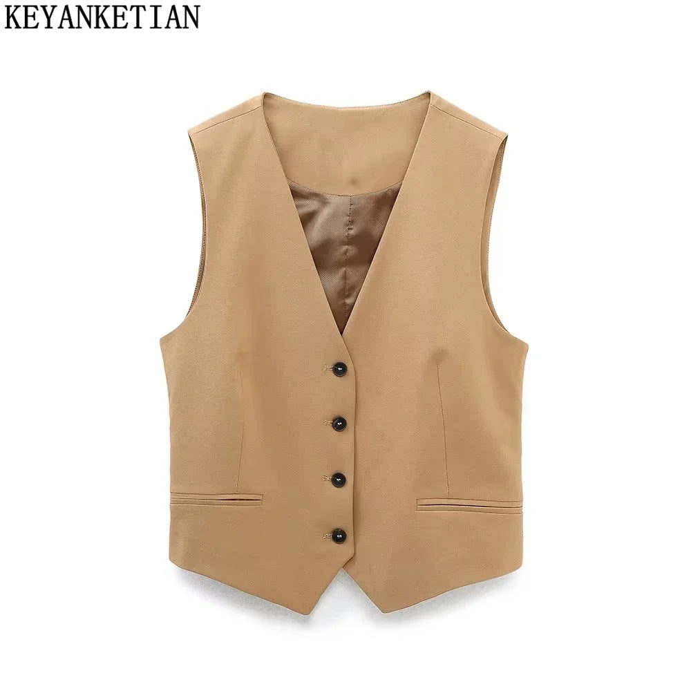 Beberino Khaki Sleeveless Short Waistcoat Vest Classic British Style Slim Fit Coat