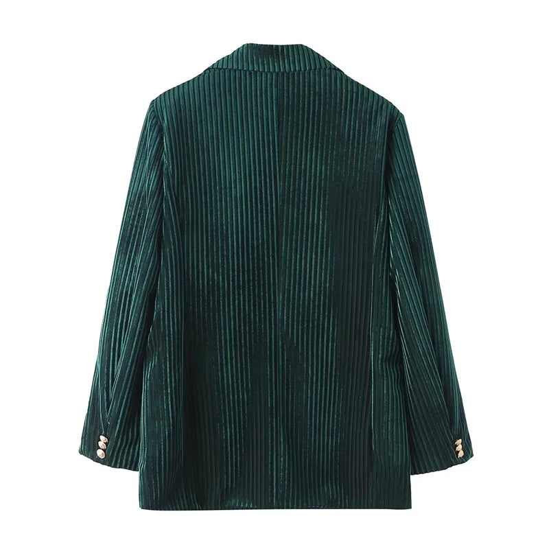 Beberino Winter Velvet Striped Suit Jacket: Retro Style for Office, Dark Green Blazer Top