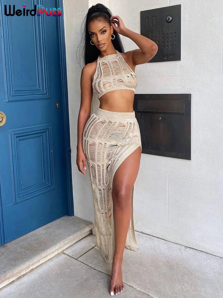 Beberino Ripped Crochet 2 Piece Set: Halter Camisole Tops + Split Skirts