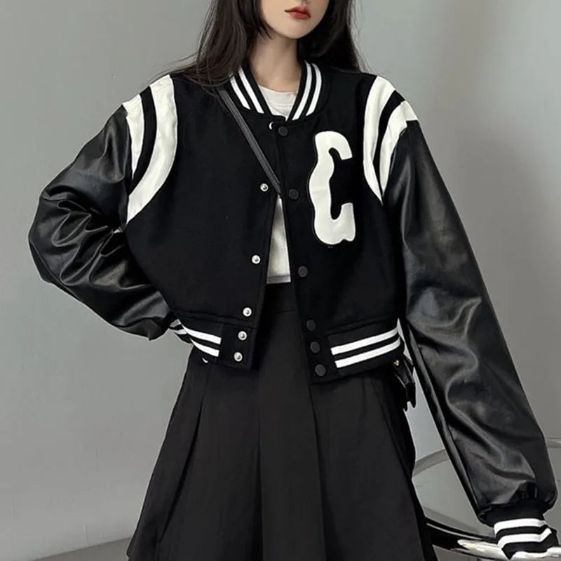 Beberino Black Baseball Jacket: Stylish Cropped Bomber for Women Streetwear Fashion