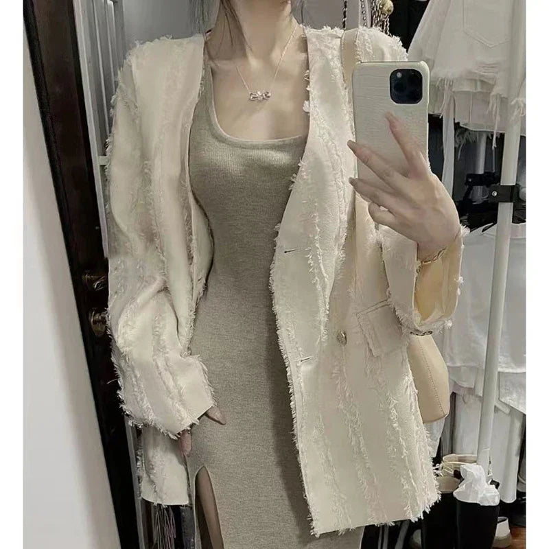 Beberino Solid Tassel Suit Coat for Women: Elegant Double Breasted Autumn Top