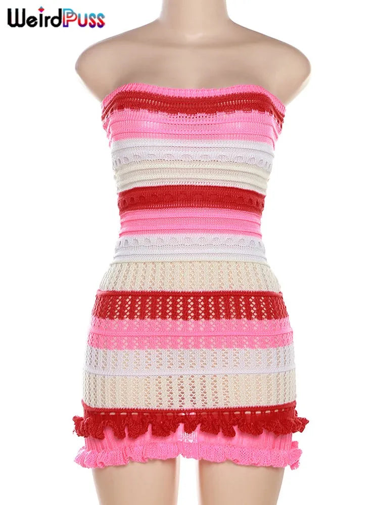 Beberino Striped Ruffles Tube Dress: Stylish Knit Bodycon for Summer Vacation & Clubwear