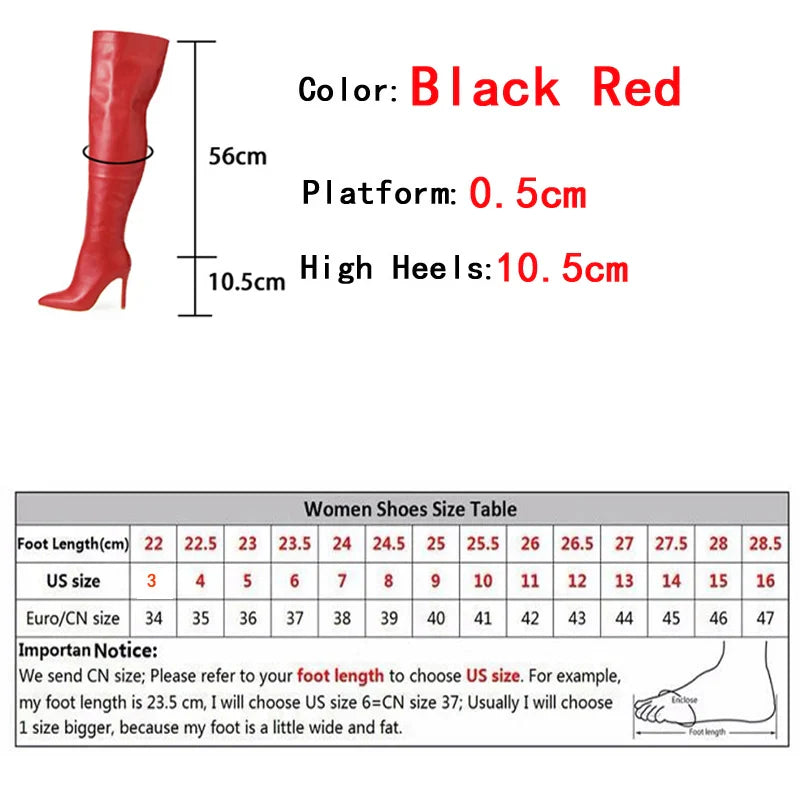 Beberino Red Leather Thigh High Stiletto Boots - Pointed Toe, Zipper Closure