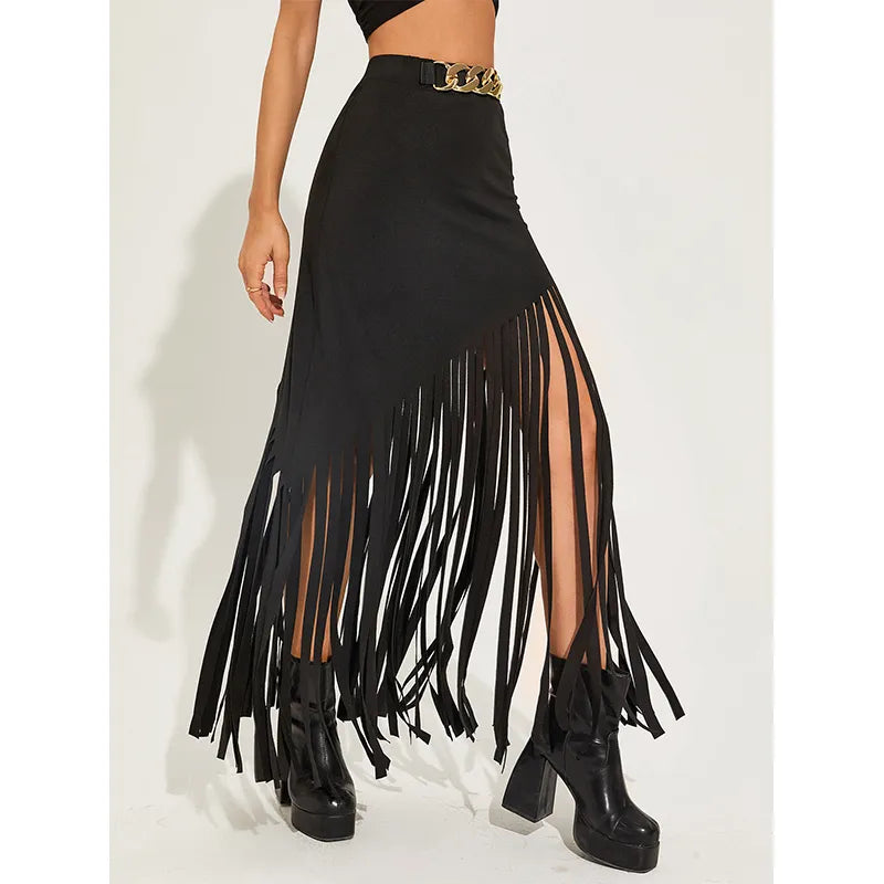 Beberino High Waist Tassel Maxi Skirt with Ring Belt for Gothic Streetwear