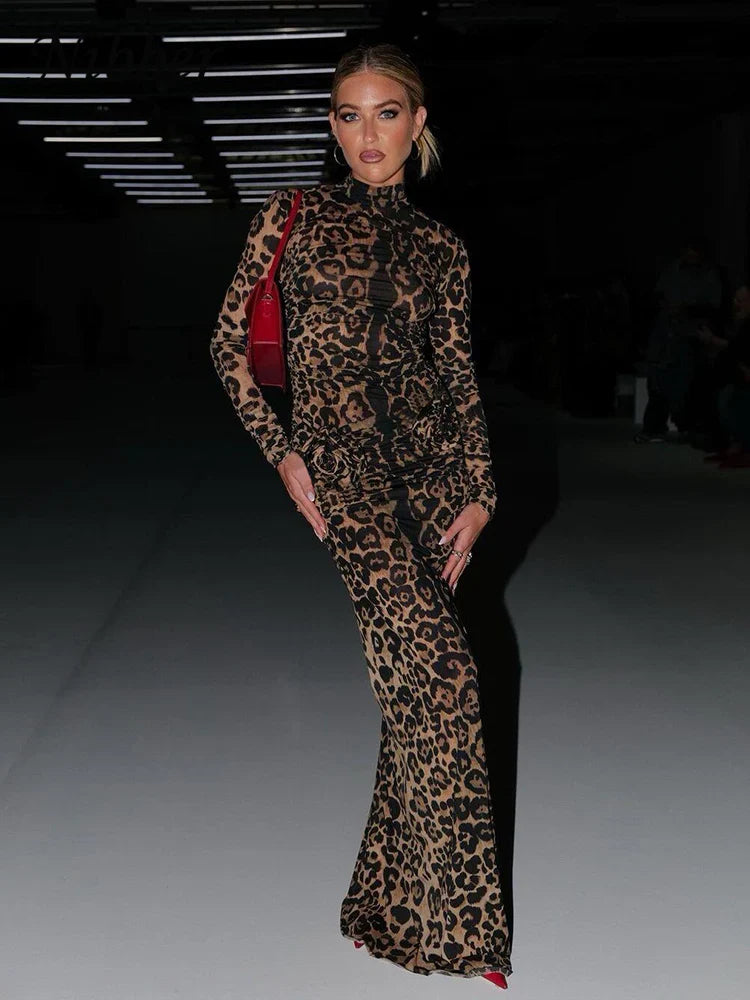 Beberino Leopard Print Maxi Dress: Elegant Bodycon Evening Wear for Women