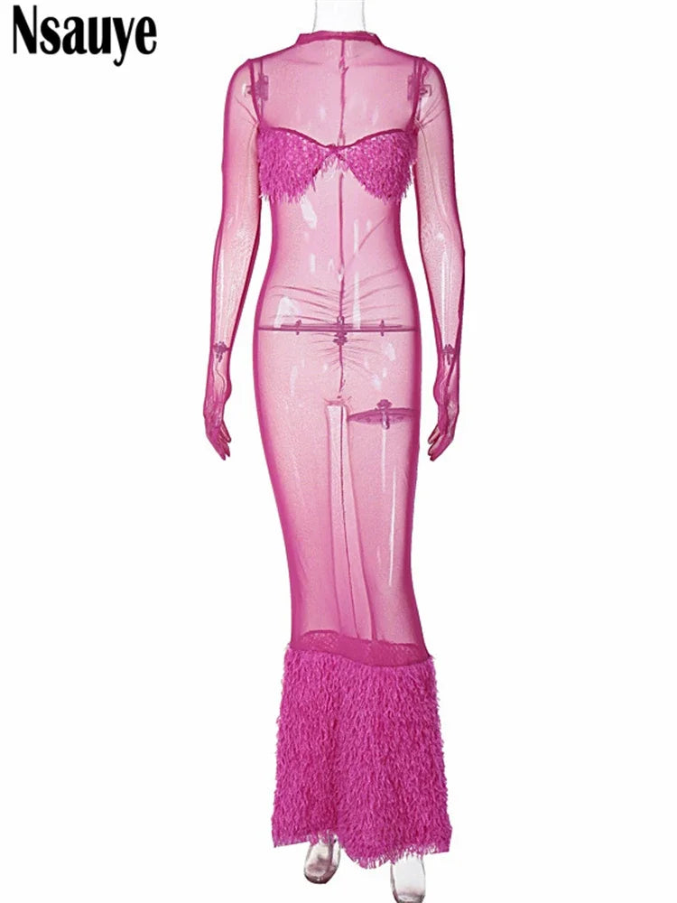 Beberino Elegant Mesh Sleeve Maxi Dress - 2024 Chic Evening Bodycon Party Dress