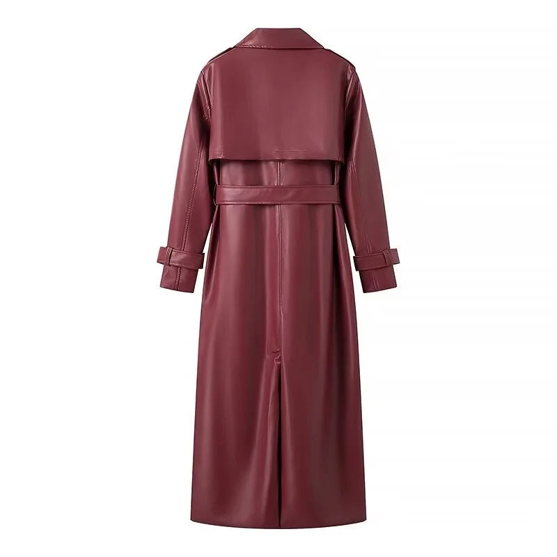 Beberino 2024 Burgundy Faux Leather Coat with Belt Pockets - Retro Fashion Women's Outerwear