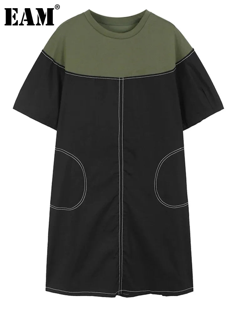 Beberino Women's Color-block Midi Dress, Short Sleeve, Round Neck, Green Topstitched Fashion