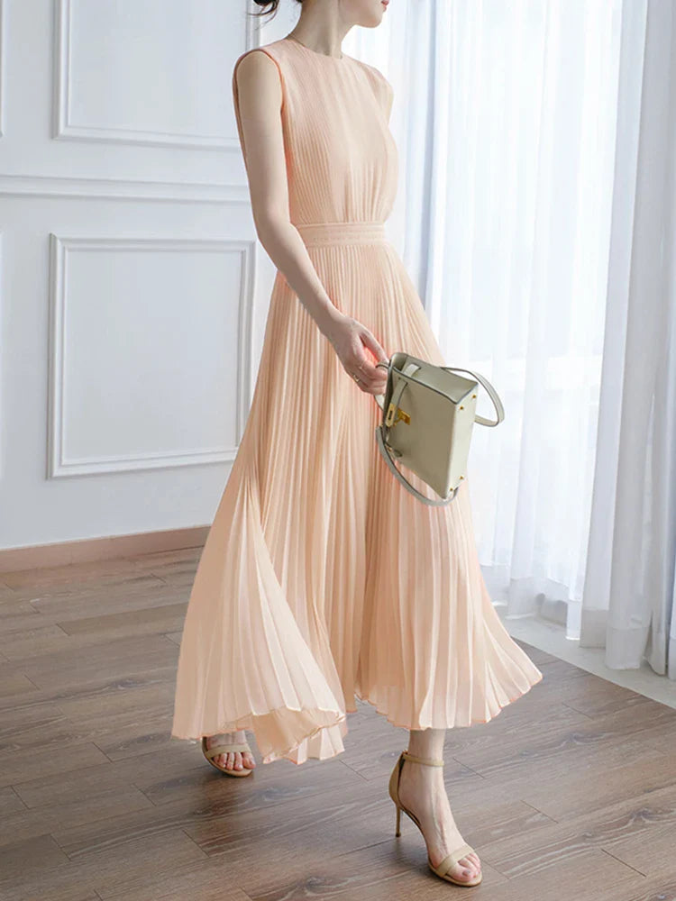 Beberino Pleated Sleeveless Dress - Elegant Round Neck High Waist Summer Fashion