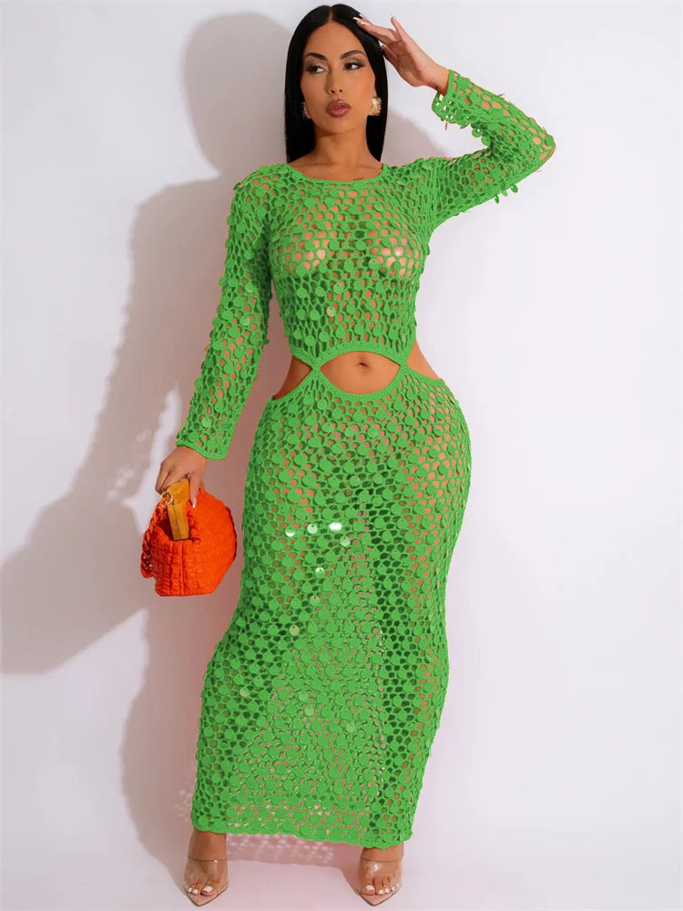 Beberino Hollow Sequins Maxi Dress, O Neck See Though Long Sleeve, Sexy Bodycon Vestidos