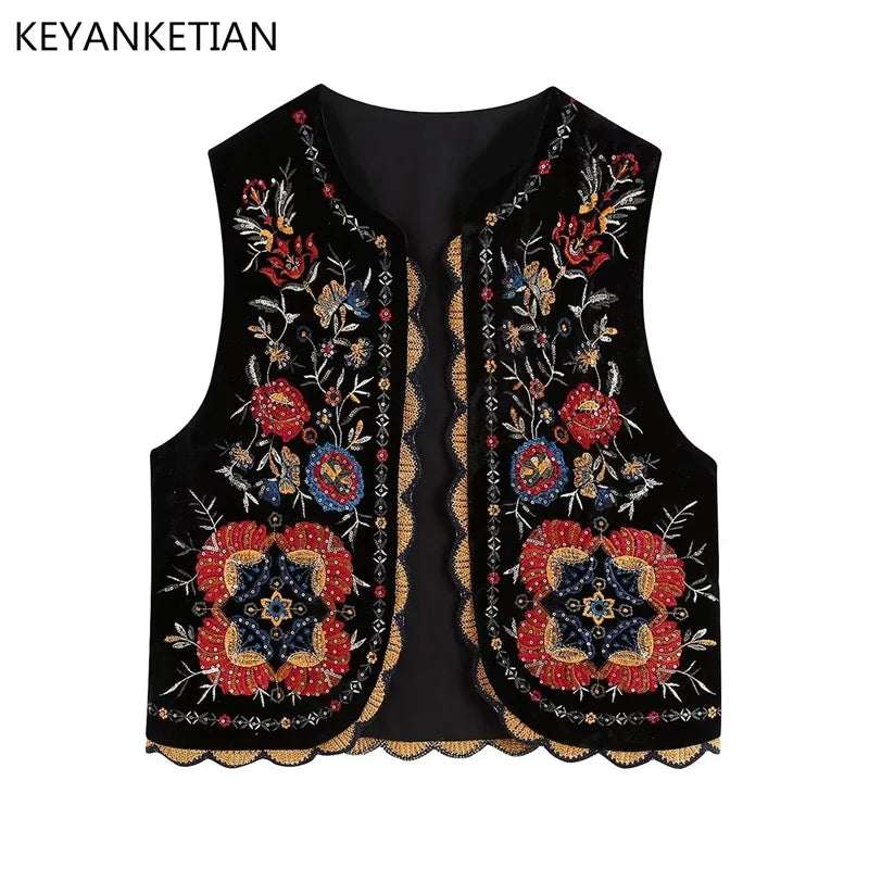 Beberino Tribal Floral Embroidery Velvet Vest: Ethnic Style Women's Outerwear