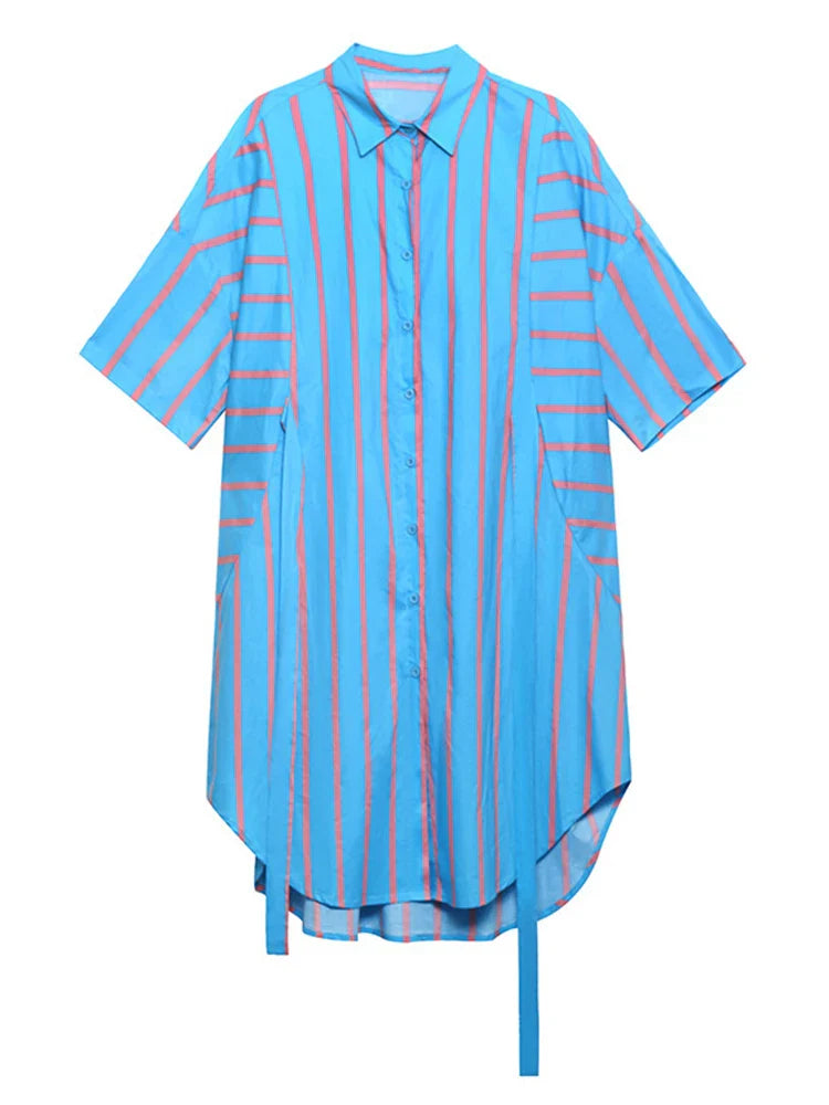 Beberino Blue Striped Oversized Shirt Dress with Lapel, Half Sleeves - Spring/Summer 2024