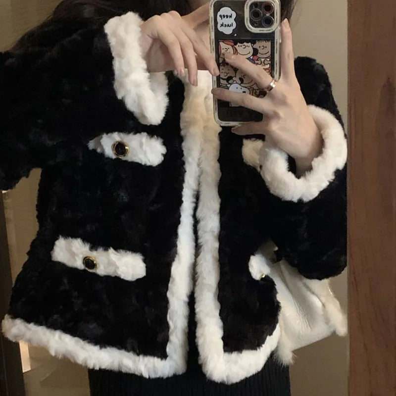 Beberino Elegant Lamb Fur Black Coat - Women's Warm Office Jacket