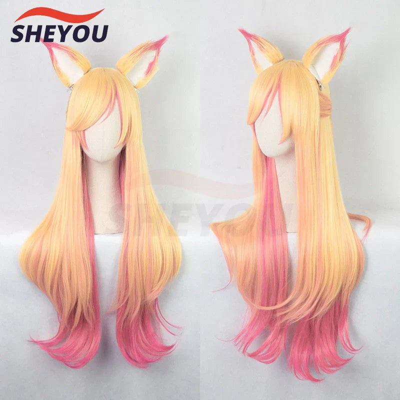 Ahri Gumiho Star Guardian Golden Pink Ombre Wavy Long Wig by Beberino