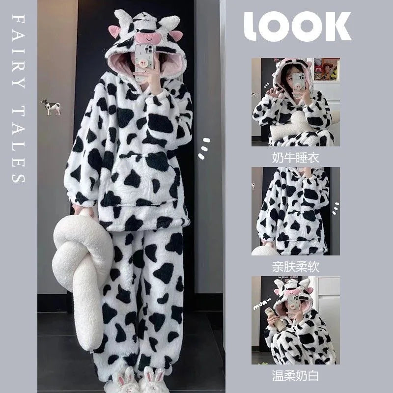 Beberino Cartoon Cow Flannel Hooded Pajama Set for Women