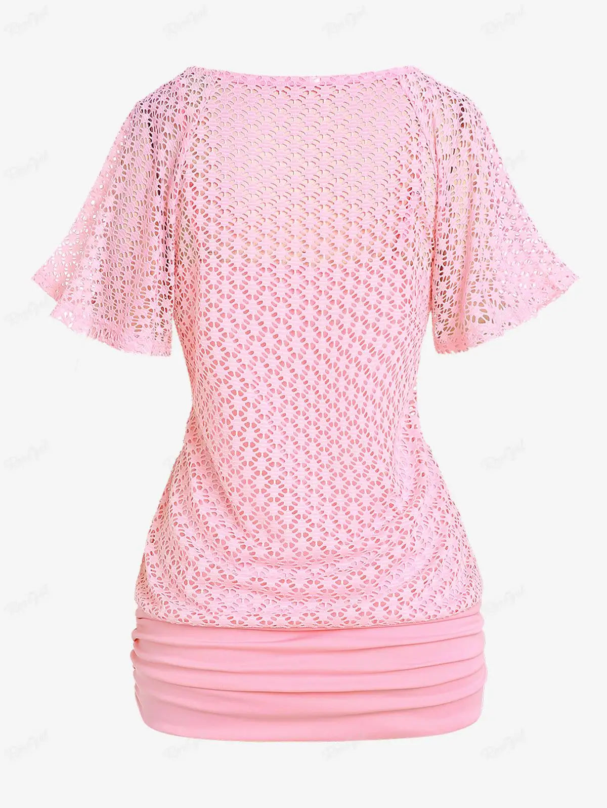 Beberino Lace Overlay Ruched Top Light Pink Tee 4XL Plus Size Butterfly Sleeve T-Shirt