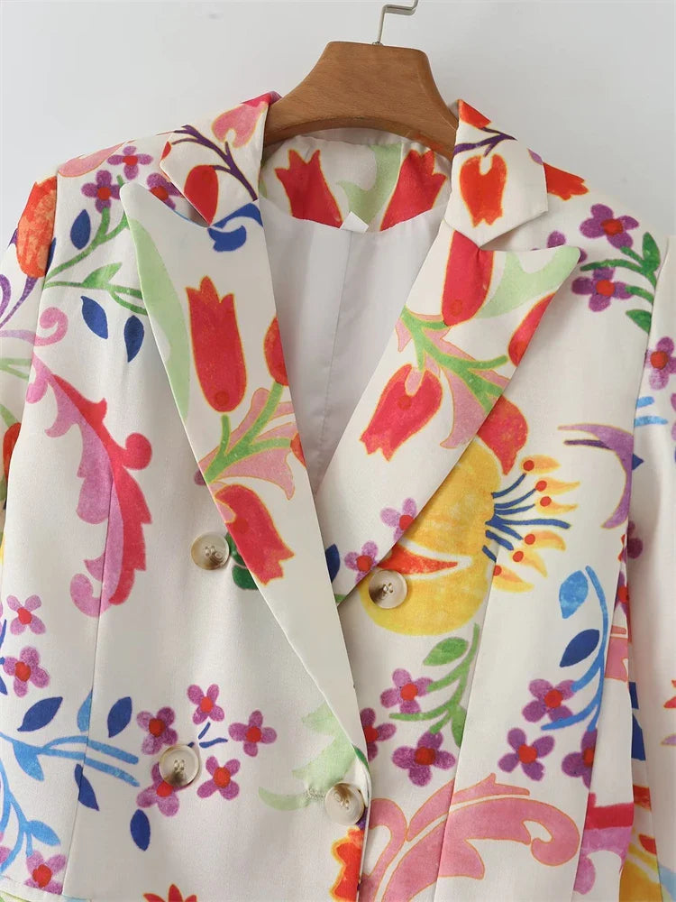 Beberino Floral Print Double Breasted Blazer Jacket - Women's Spring Fashion