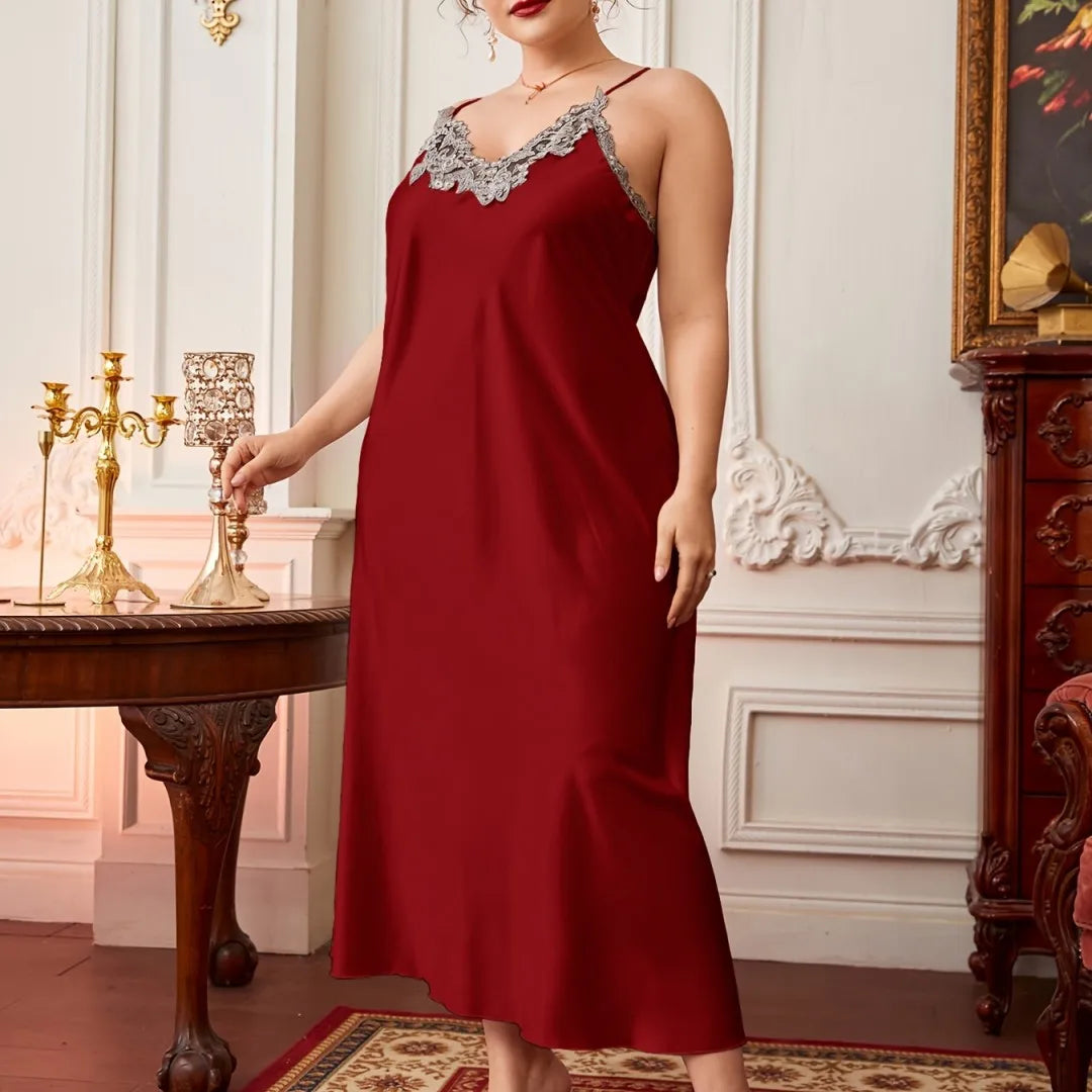 Beberino Lace Silk Satin Sleepwear Nightdress V-neck Nightgown Plus Size Nightwear