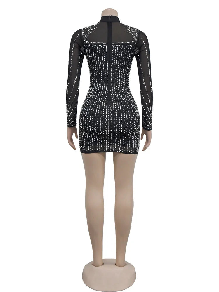 Beberino Mesh Sheath Dress with Chain Tassel & Rhinestone Detail