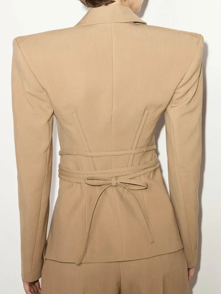 Beberino Khaki Bandage Blazer Wide Leg Pants Suit for Women