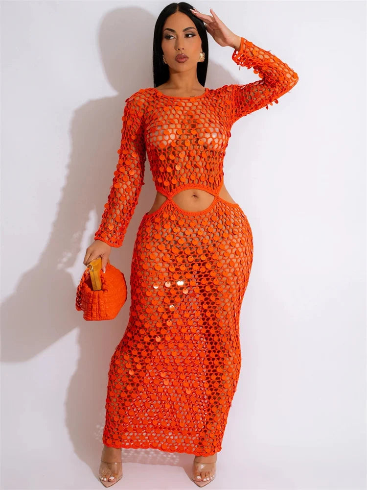 Beberino Hollow Sequins Maxi Dress, O Neck See Though Long Sleeve, Sexy Bodycon Vestidos