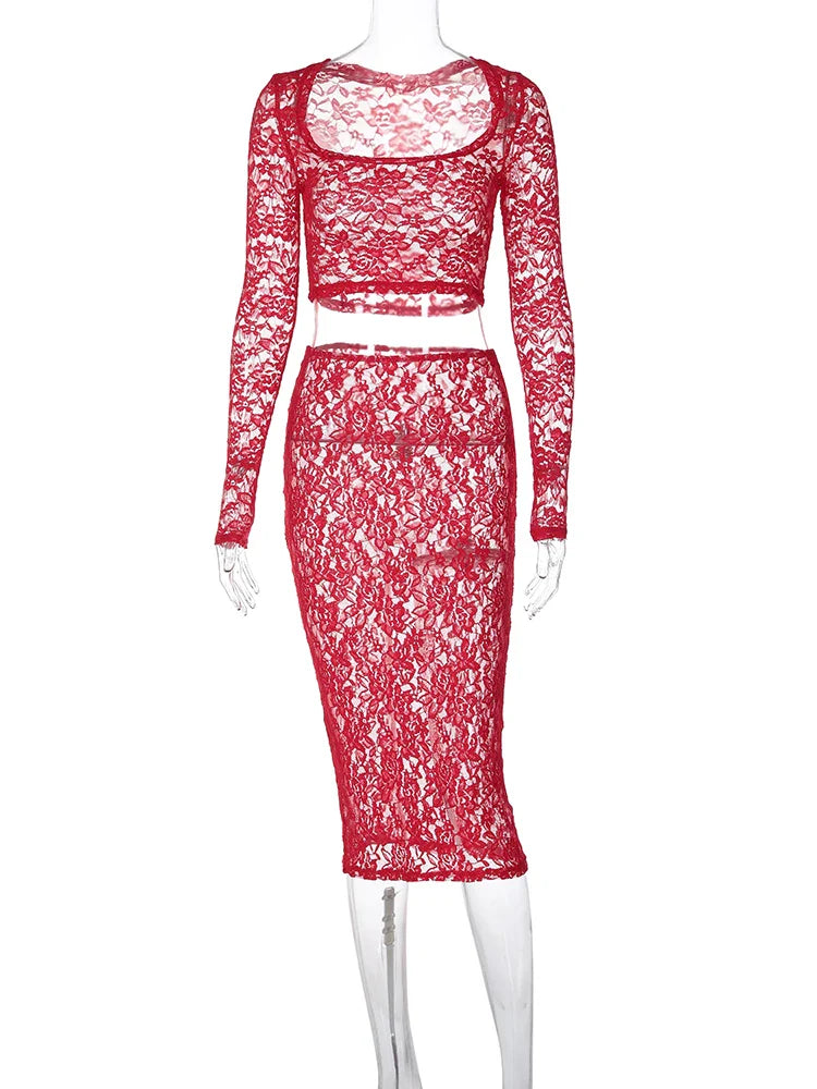 Beberino Lace Crop Top and Midi Skirt Set for Women - 2024 Spring Autumn Collection