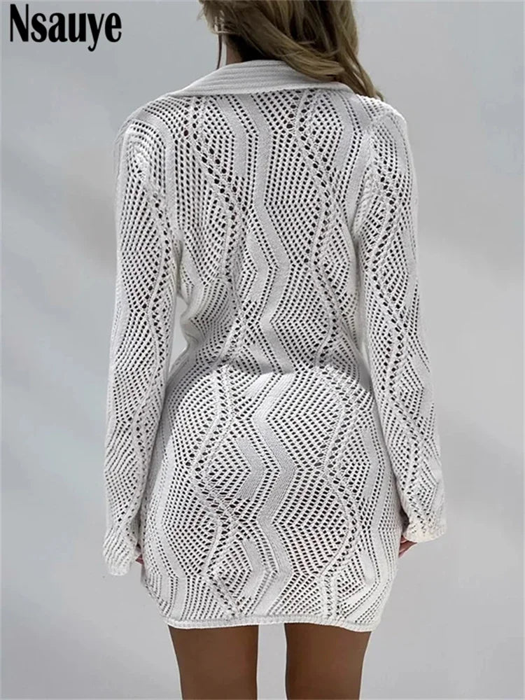 Beberino Sexy Long Sleeve Knit Cardigan Dress for Women - Y2K Party Shirt Dress