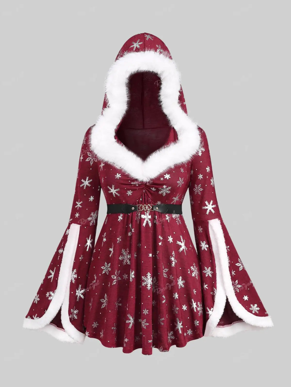 Beberino Snowflake Print Hooded T-shirt with Faux Fur Sleeves & Belt