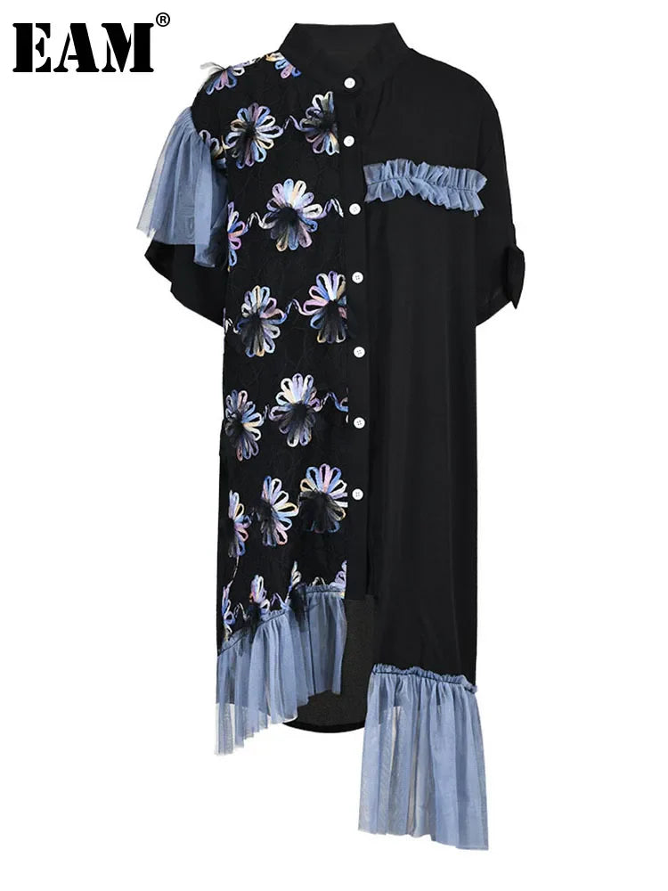 Beberino Black Tassel Flower Midi Shirt Dress, Short Sleeve, Fashion Spring Summer
