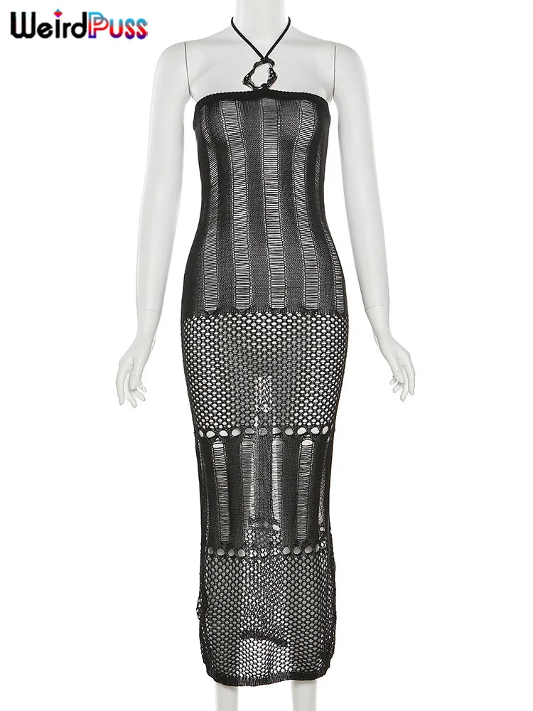 Beberino Knit Halter Strapless Maxi Bodycon Dress for 2023 Summer Trend