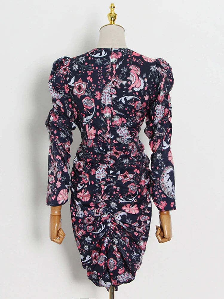 Beberino V Neck High Waist Mini Dress with Color Print & Folds