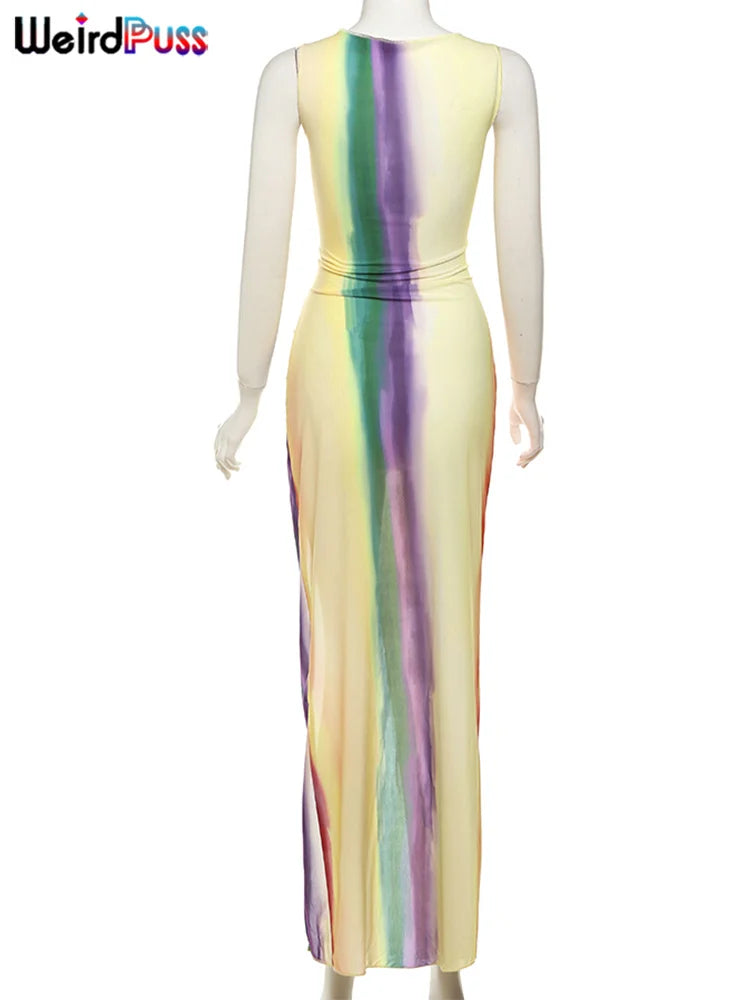 Beberino Colorful Hollow Dress: Summer Sexy Sleeveless Ruffles Splits Clubwear.