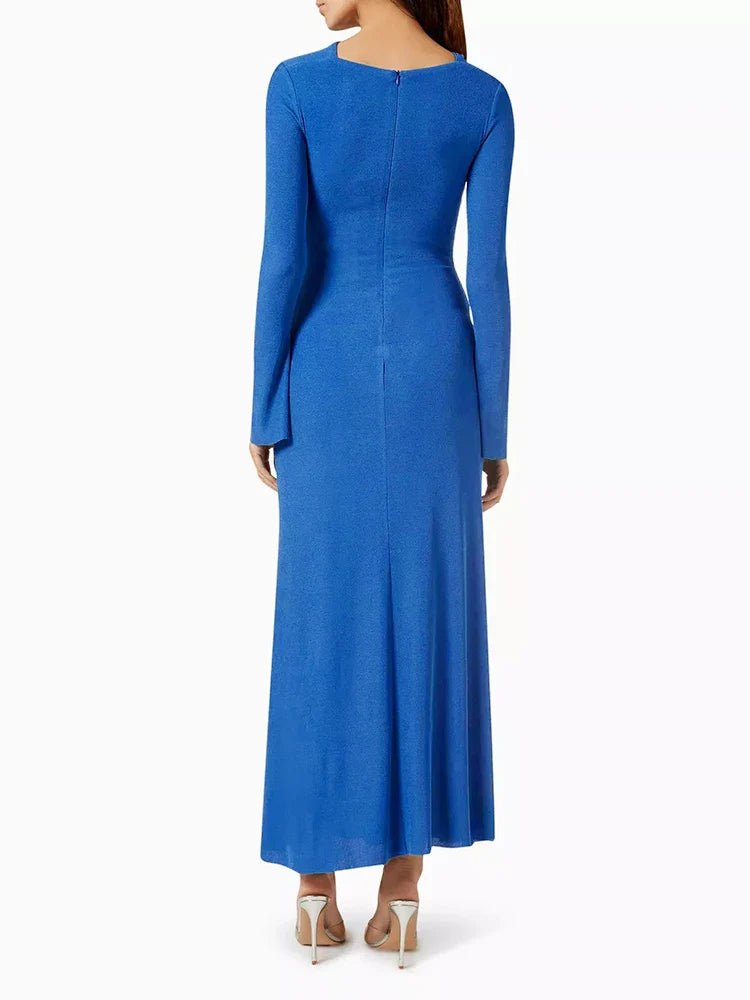 Beberino Chic Folds Dress: O Neck Long Sleeve High Waist Zipper Elegant Dresses