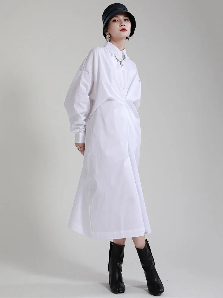 Beberino White Pleated Big Long Shirt Dress Lapel Loose Fit Spring Autumn 2024