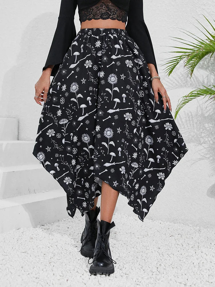 Beberino Goth Dark Handkerchief Hem Printed A-line Skirt High Waist Streetwear